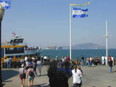 At Pier 39. Gold and Blue Boat to Alcatraz.